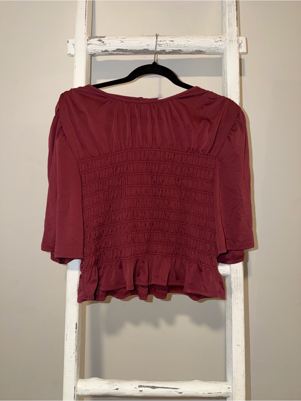 Evereve Burgundy Smocked Ruffle Blouse